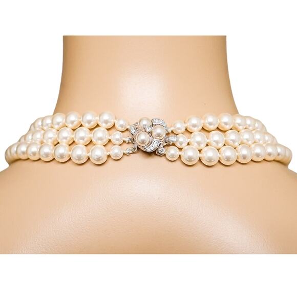 NOS - Classic Triple-Strand Faux Pearl Choker Necklace with Rhinestone Clasp - Picture 2 of 10